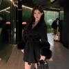 Black Woolen Coat Women's Autumn and Winter Waist Medium and Long Woolen Coat