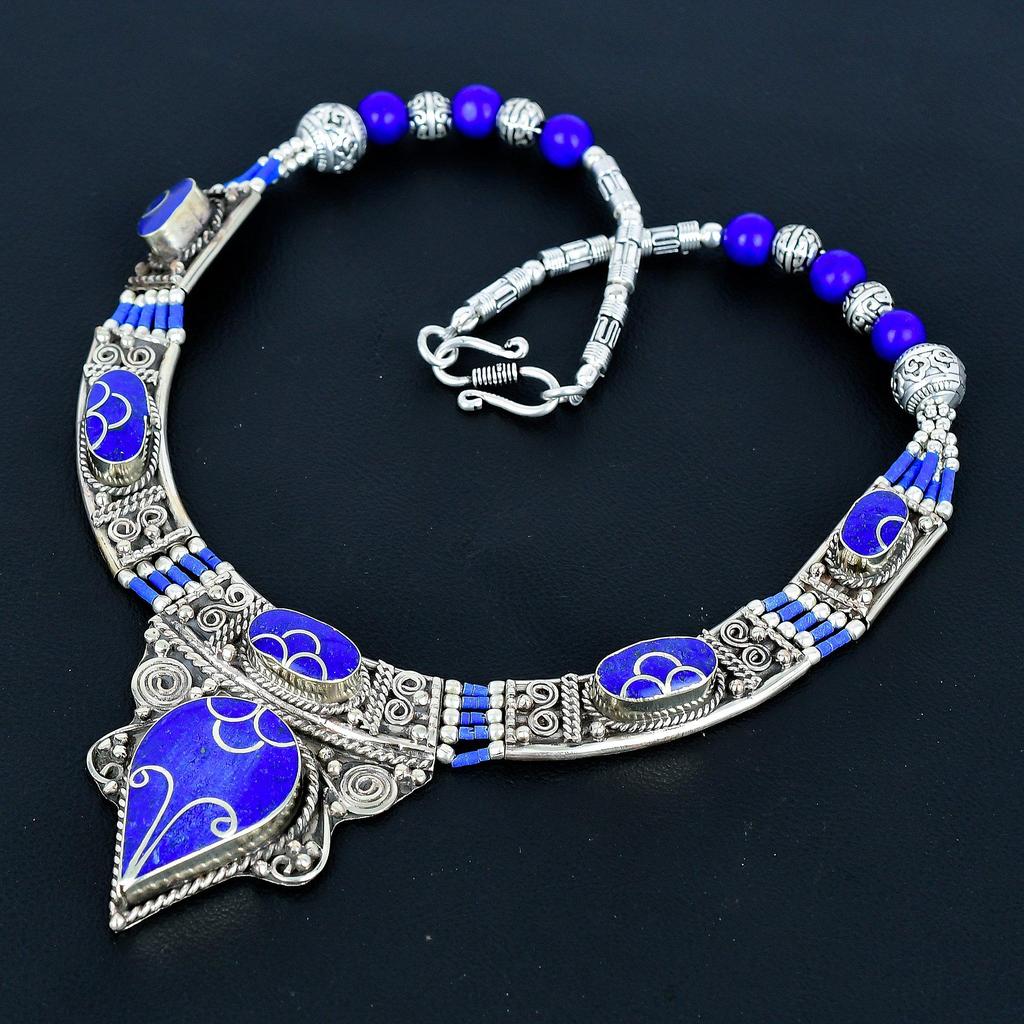 Lapislazuli 925 Sterlingsilber Halskette Tibetanische Silberkette Böhmische Antike Halskette Handgefertigter Schmuck Nepalesische Halskette Geschenk für beste Freunde