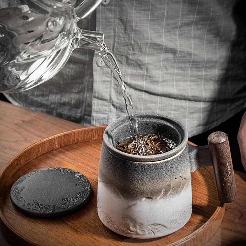 Luxury Mug Ceramic Tea Cup Handmade Aesthetic Chinese Retro Mugs Coffee Cups Elegant Teacup Teaware Water Cup Wooden Handle Business Gift Set