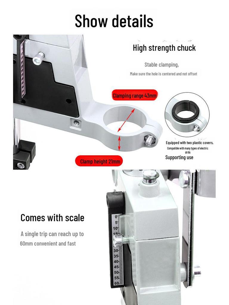 New electric drill stand with multi-function capabilities for bench drills. Features aluminum construction