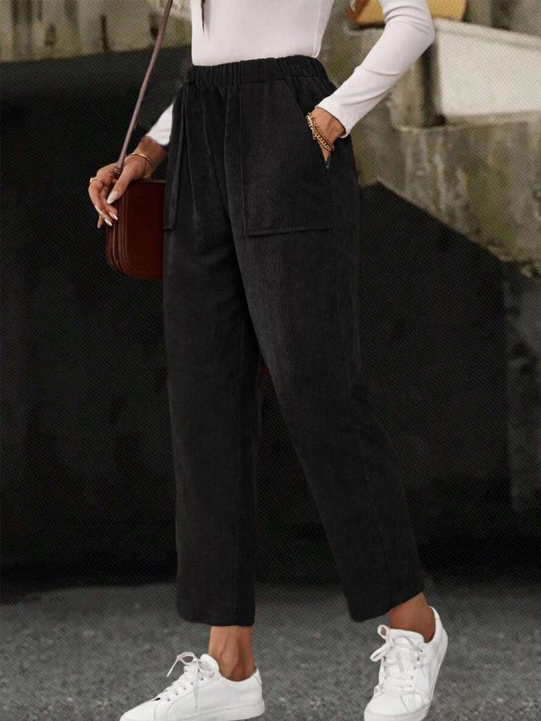 New Fall Women's Clothing Solid Elastic Waist Corduroy Pants Women Straight Leg Casual