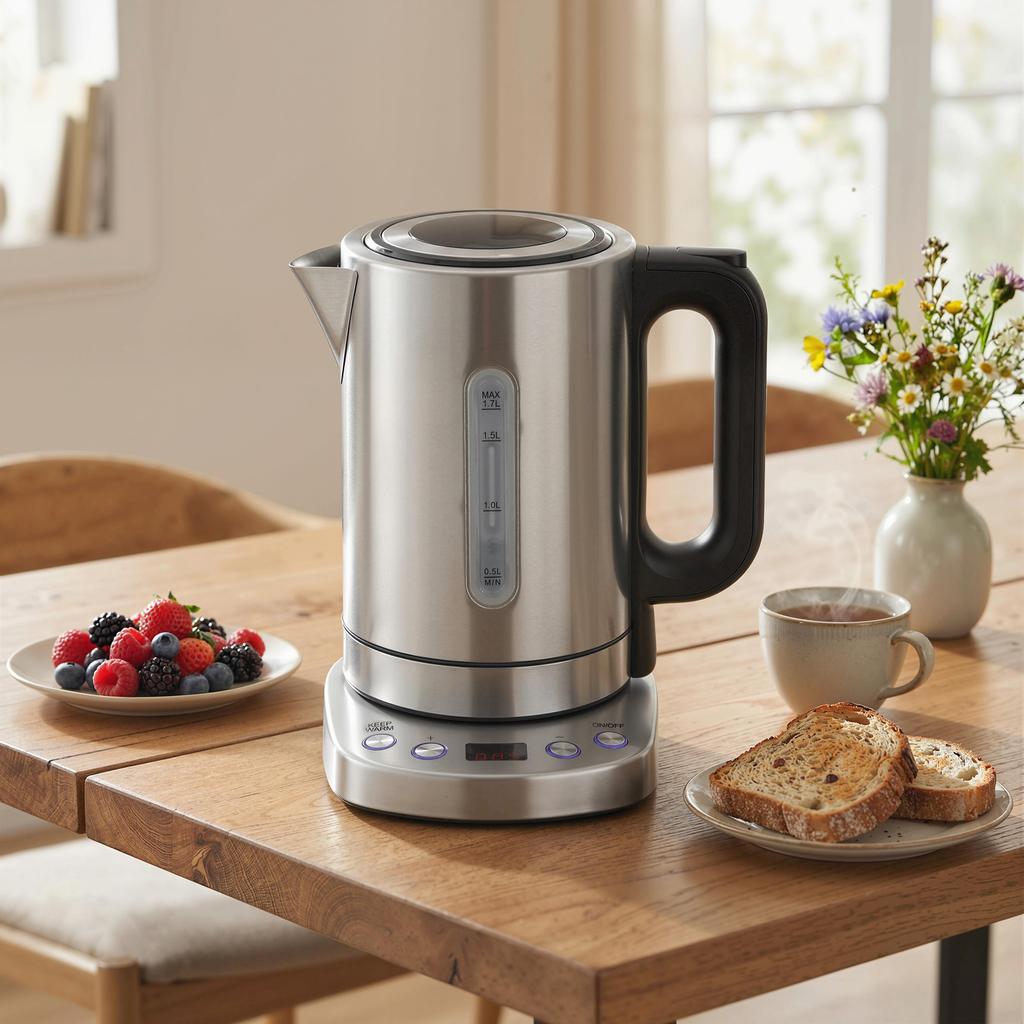 Electric Kettle, 1.7L, Fast Boil, 3kW Water Kettle with UK Strix Thermostat, Keep Warm Function, LCD Base, Silver Tone