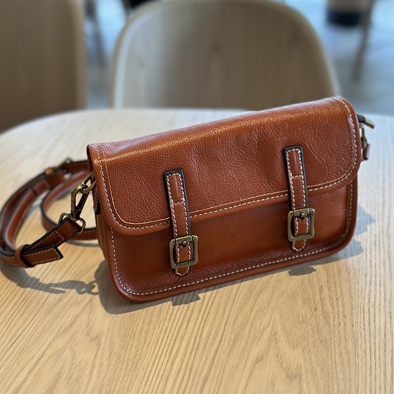 Johnature Retro Genuine Leather Women's Small Bag Cowhide Solid Color Versatile Shoulder Crossbody Bags