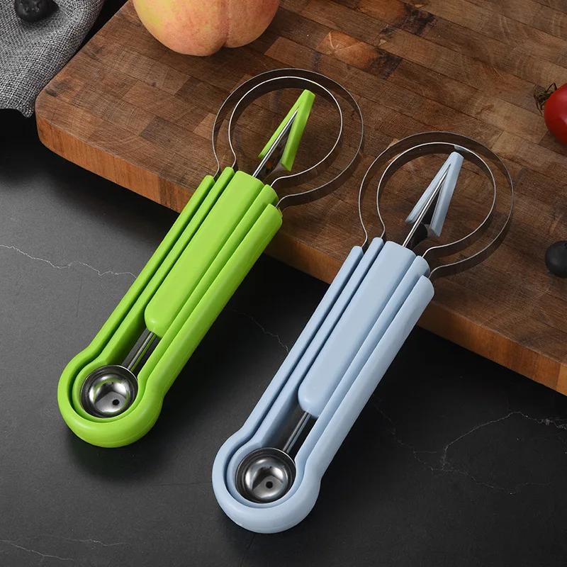 Stainless Steel 3 In 1 Melon Slicer Cutter Scoop Digger Ball Spoon Carving Knife Fruit Vegetable Separator Kitchen Gadgets Tools