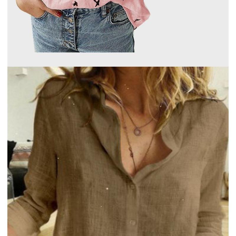 Spring and Autumn Solid Color Casual Loose Long-sleeved Linen Shirts In Stock