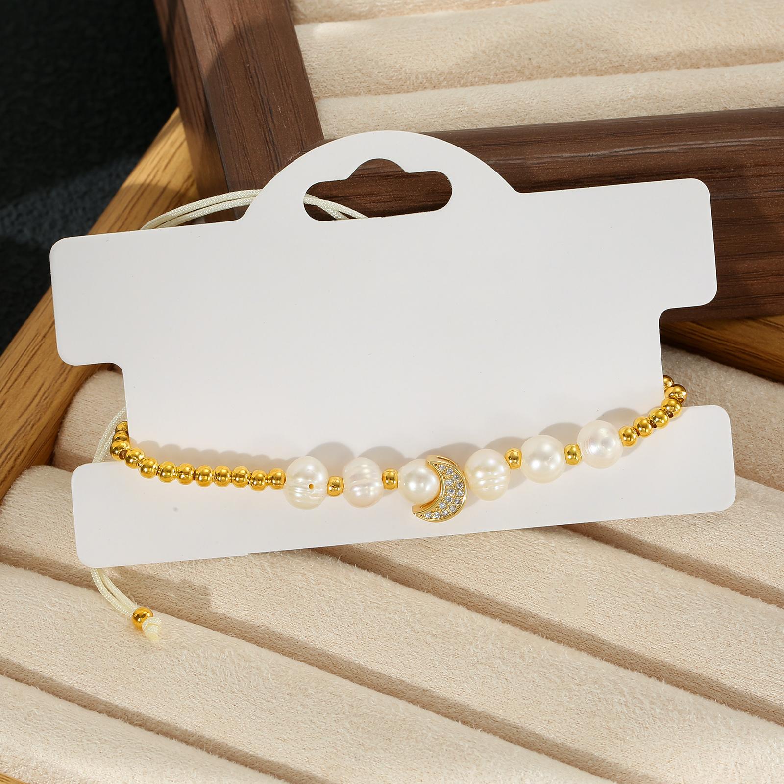 

Golden Freshwater Pearl Moon Charm Adjustable Bracelet for Women Elegant Jewelry Gift 16cm