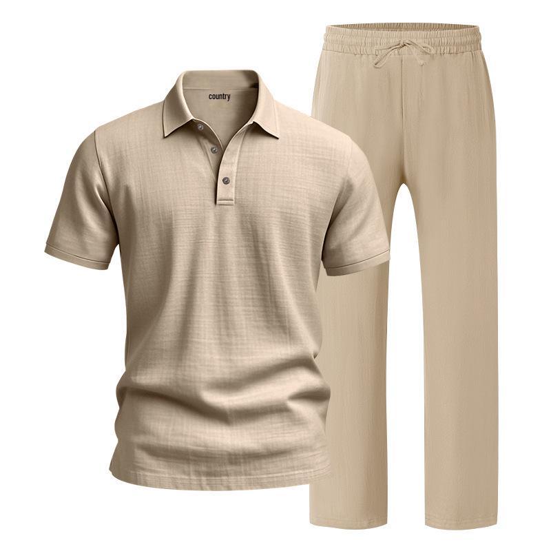European Men's Casual Linen Short-Sleeve Shirt & Long Pants Set - Breathable Cotton Blend Two-Piece