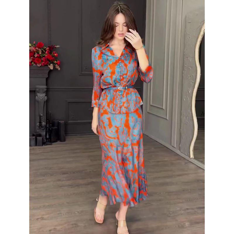 Western Style New Print Slim fit Shirts Skirt sets Printed Shirt and Skirt Set