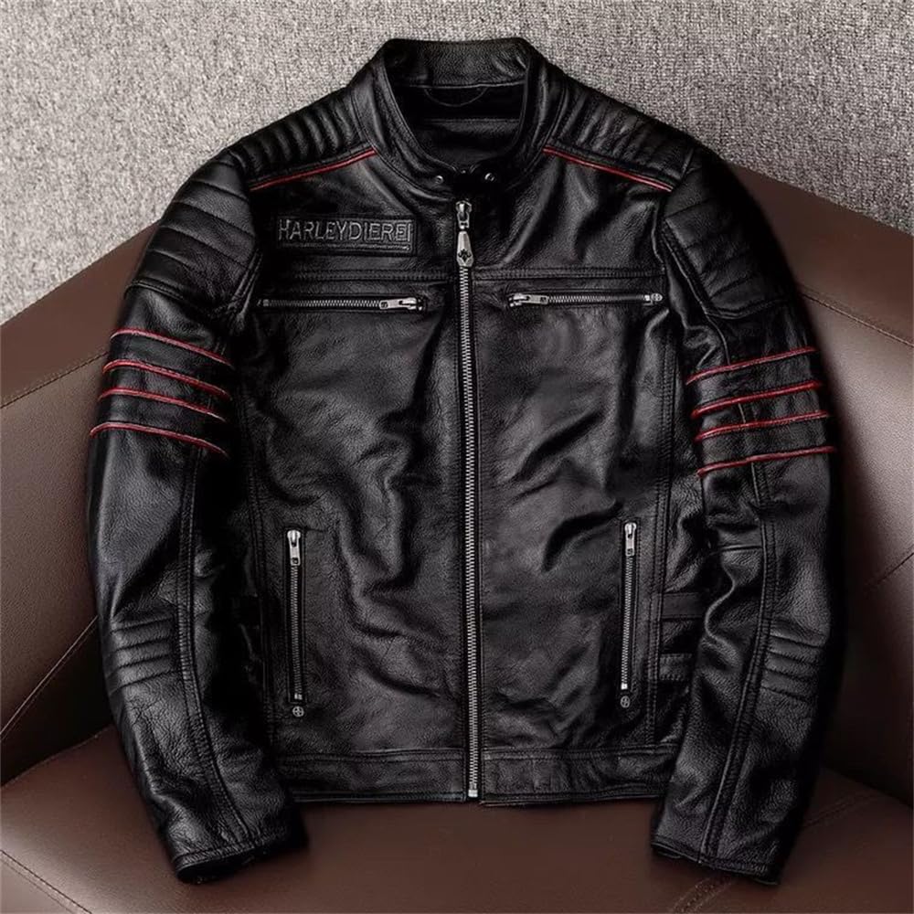 [TONGFANG] Chaqueta de Motocicleta, Chaqueta para Hombre, Chaqueta de Motociclista, Bordado, Cuero Genuino