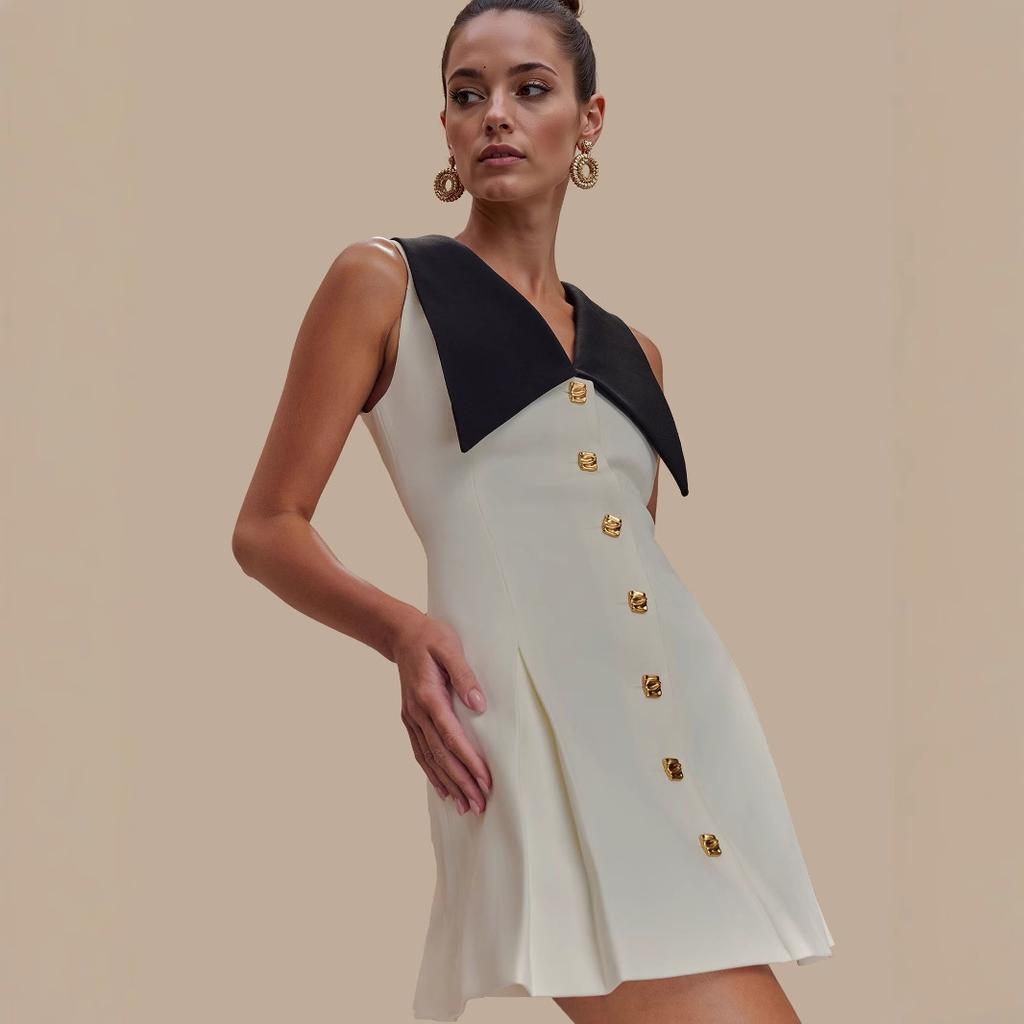 Women's Sleeveless Dress, Off White, Black Collar, Gold Square Buttons