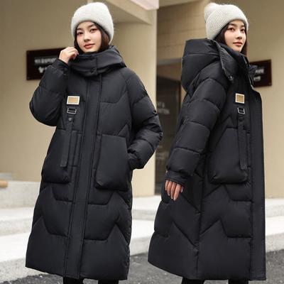 Winterjacke aus Baumwolle für Damen, abnehmbare Kapuze, Nackenschutz, lange Ärmel, Taschen, knielang, Reißverschluss, gepolsterter Mantel, einfarbig, winddicht