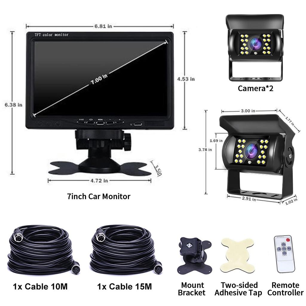 Hodozzy Backup Camera Kit with LCD Monitor and 2 Rearview IP68 18 IR Night and Cable for Parking or Caravan 7-inch Cameras, Waterproof, Vision, 4-Pin