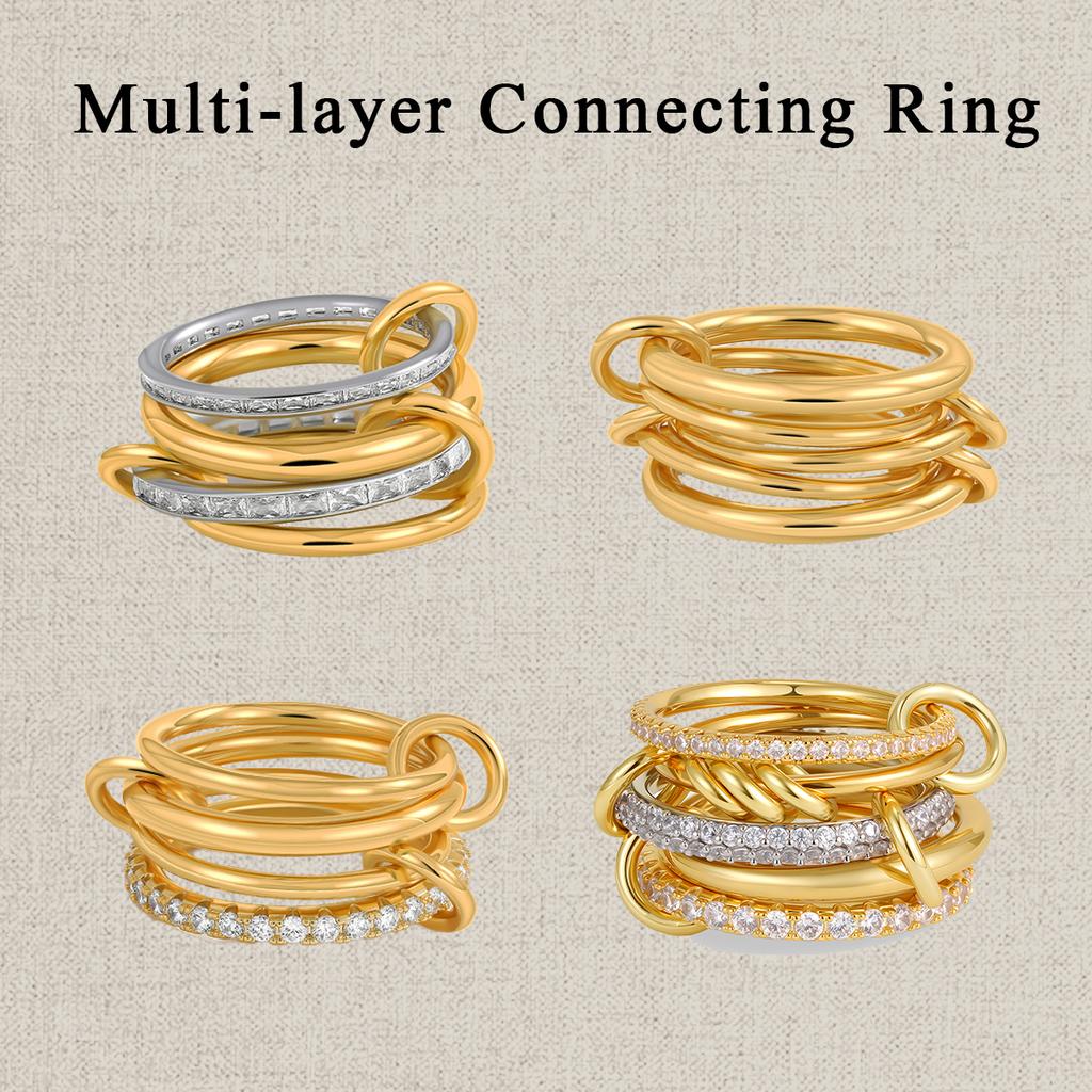 Trendy Multi Layer Connecting Ring For Women Gold Plated Stainless Steel Cubic Zirconia Stacking Rings Fashion Jewelry Gift