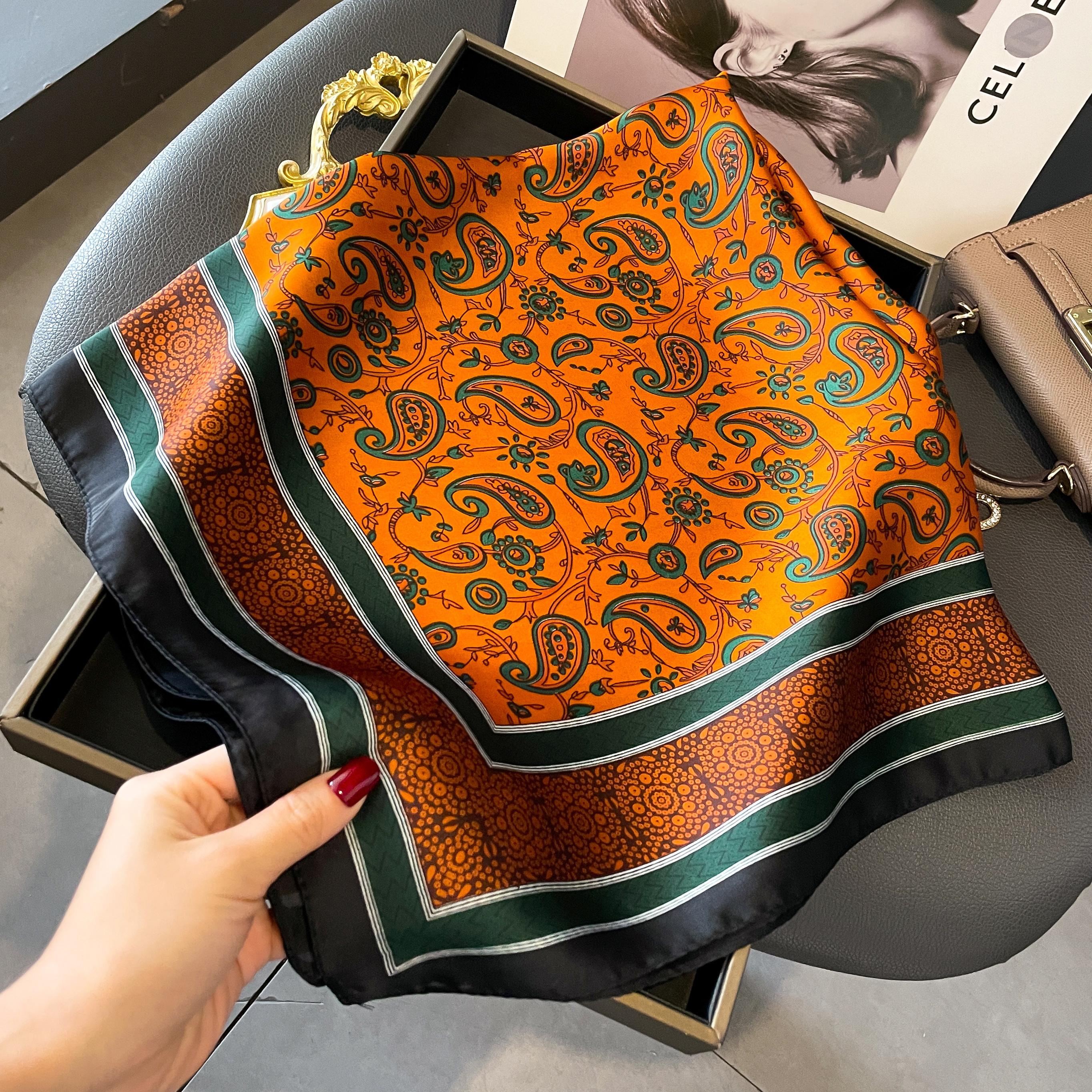 Foulard Carré en Satin de Soie 70*70cm Mouchoir pour Femme Bandana Imprimé Carré pour Femme Petit Cache-cou Hijab Dame Fille orange
