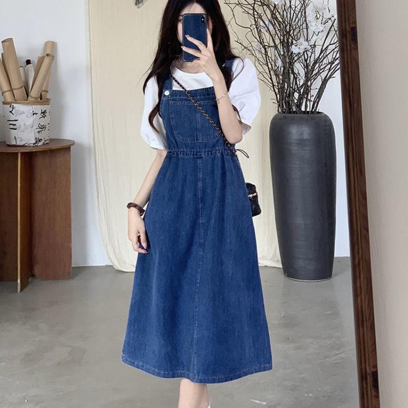 Women's Denim Suspender Skirt Spring Summer Causal Strap Female High Waist A-line Solid Lace-up Woman Skirts