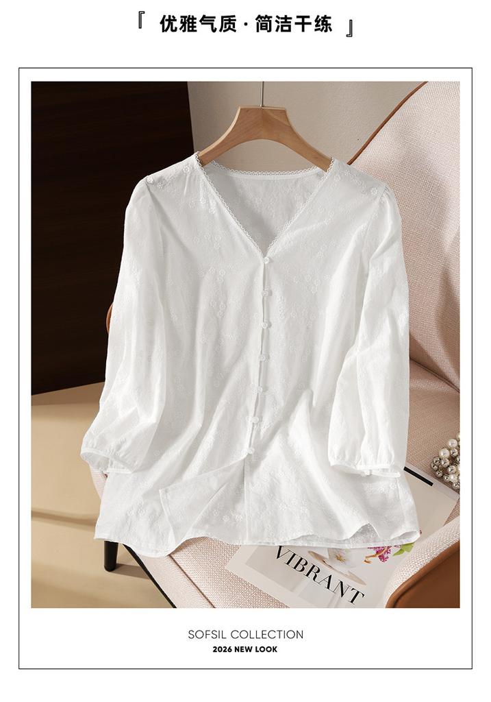 French pure cotton embroidered shirt for women's 2026 spring commuting versatile V-neck seven quarter sleeve niche top
