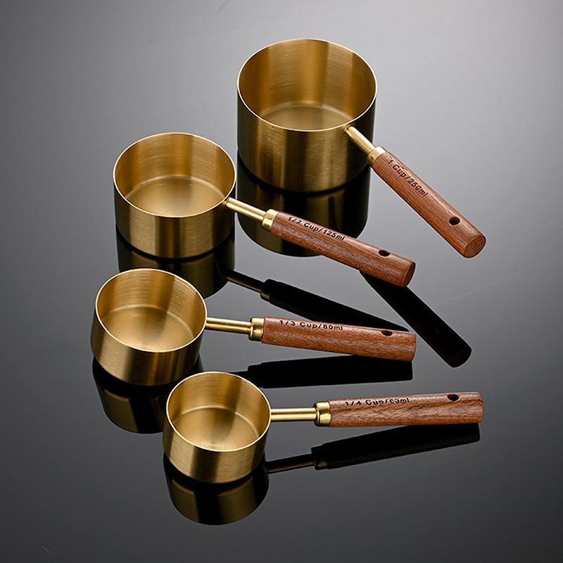 Złoty uchwyt z drewna, stal nierdzewna, miarki, łyżki, narzędzia do pieczenia, zestaw łyżek miarowych do kawy, akcesoria do wag barmańskich