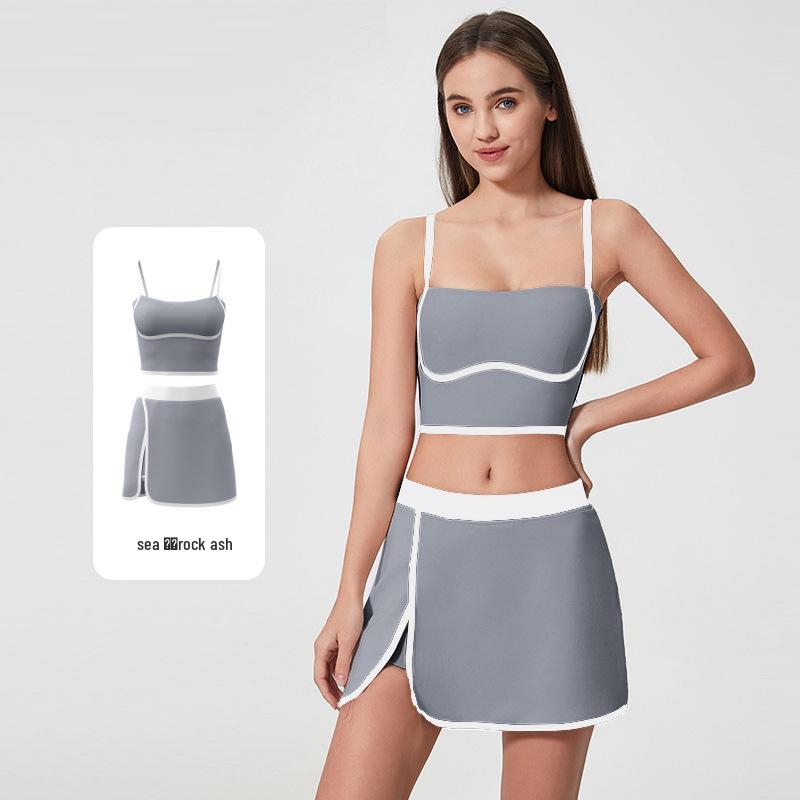 Women's Yoga Set with Built-in Bra, Shockproof Vest, Skirt, and Hip-Lifting Three-Quarter Pants