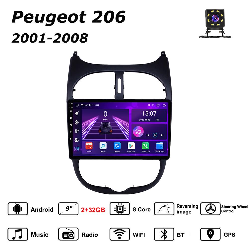 

Автомобильная магнитола Android Car-Play для Peugeot 206 2001-2008 Мультимедийный плеер Головное устройство Стерео Навигация GPS BT WIFI, 8 ЯДЕР ,2+32 ГБ чёрный