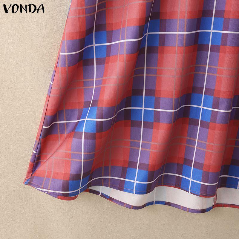 VONDA Ethnic Women Casual Round Neck Sleeveless Plaid Print Casual Tunic Dress