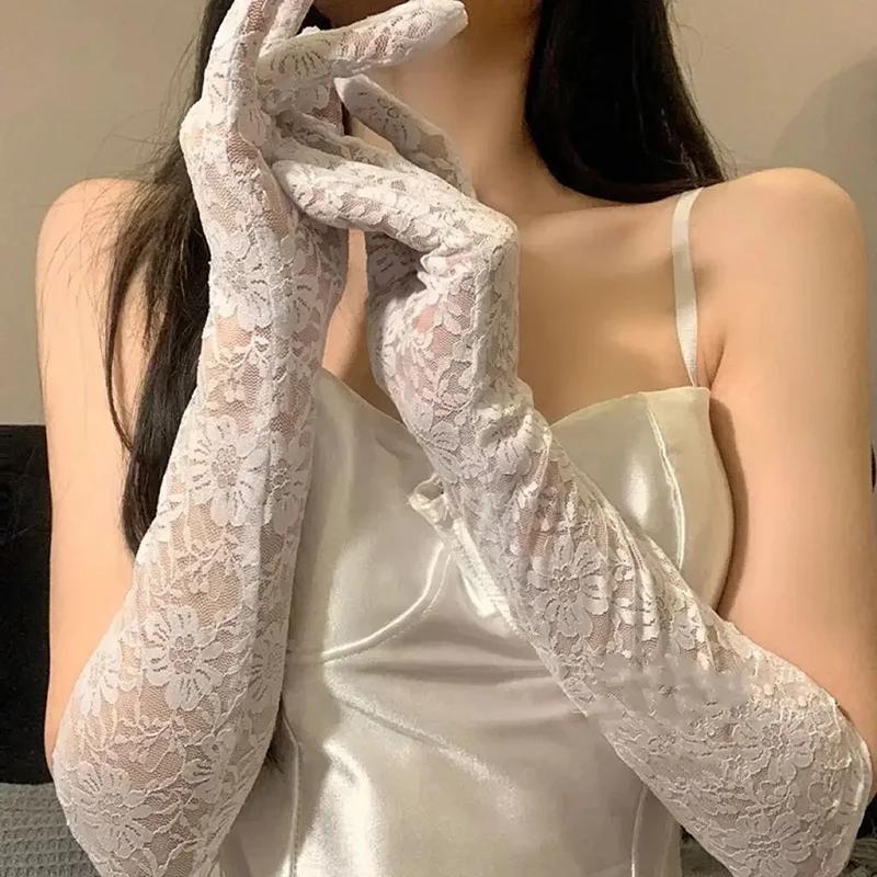 Women Floral Lace Long Gloves Black White Red Sexy Elbow Length Mittens Party Evening Gloves Accessories