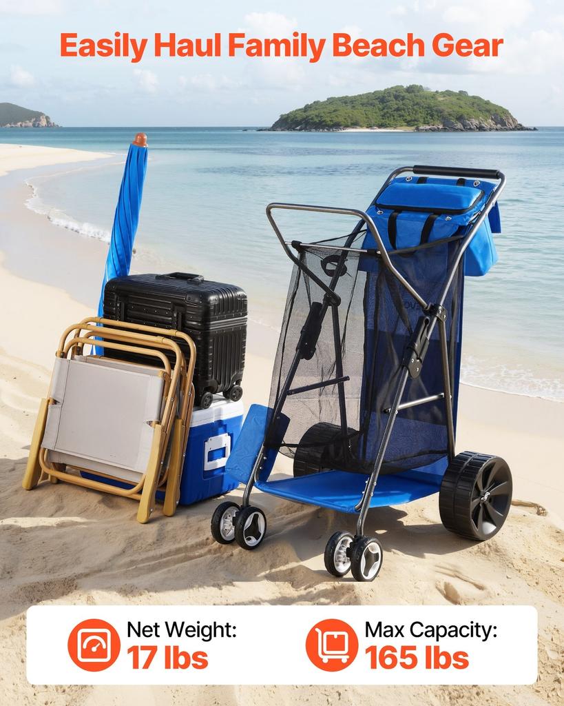 Strandkarre mit großen Rädern für Sand, 75 kg Tragfähigkeit, Robuster faltbarer Strandwagen mit 250 mm Vollgummirädern, Isolierte Kühltasche, Sonnenschirm