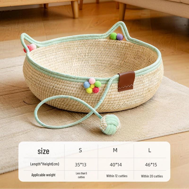 Rattan Cat Bed - All-Season Cattail Nest, Winter Warmth, Scratching Board, and Dog Bed for Pets