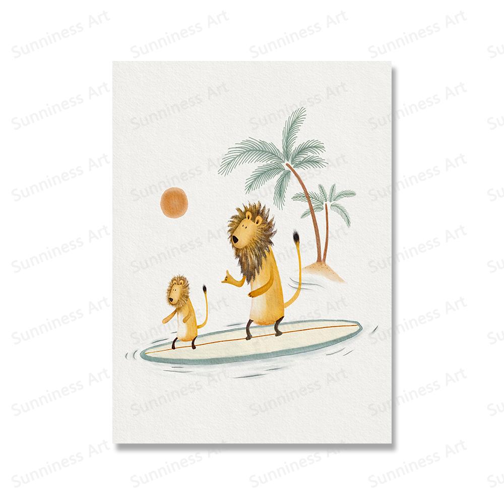 Three Surfing Animals Cute Tiger Zebra Giraffe Poster Canvas Painting Print Beach Life Wall Art Pictures for Nursery Home Decor