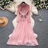 Vintage lace splicing heavy industry lapel dress women's spring and autumn long-sleeved waist A-word long dress commuting advanced sense