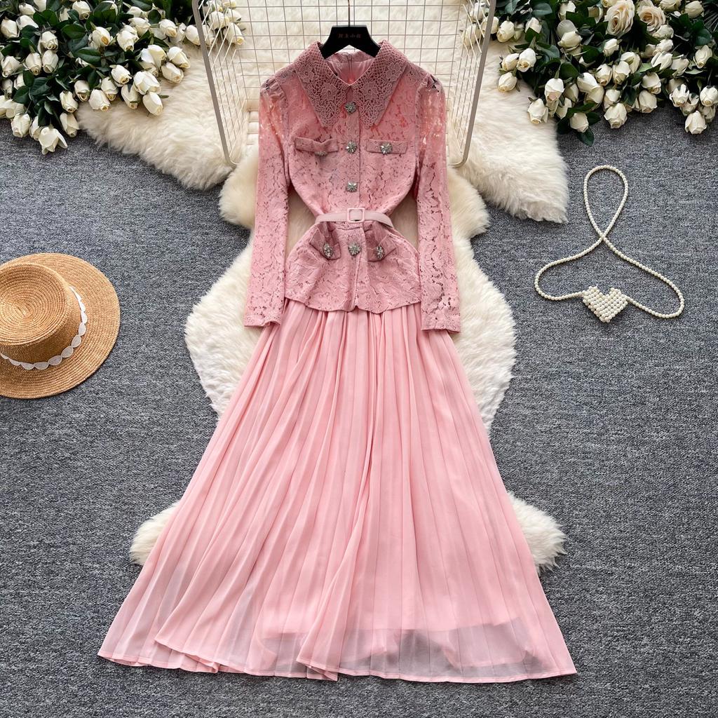 Vintage lace splicing heavy industry lapel dress women's spring and autumn long-sleeved waist A-word long dress commuting advanced sense
