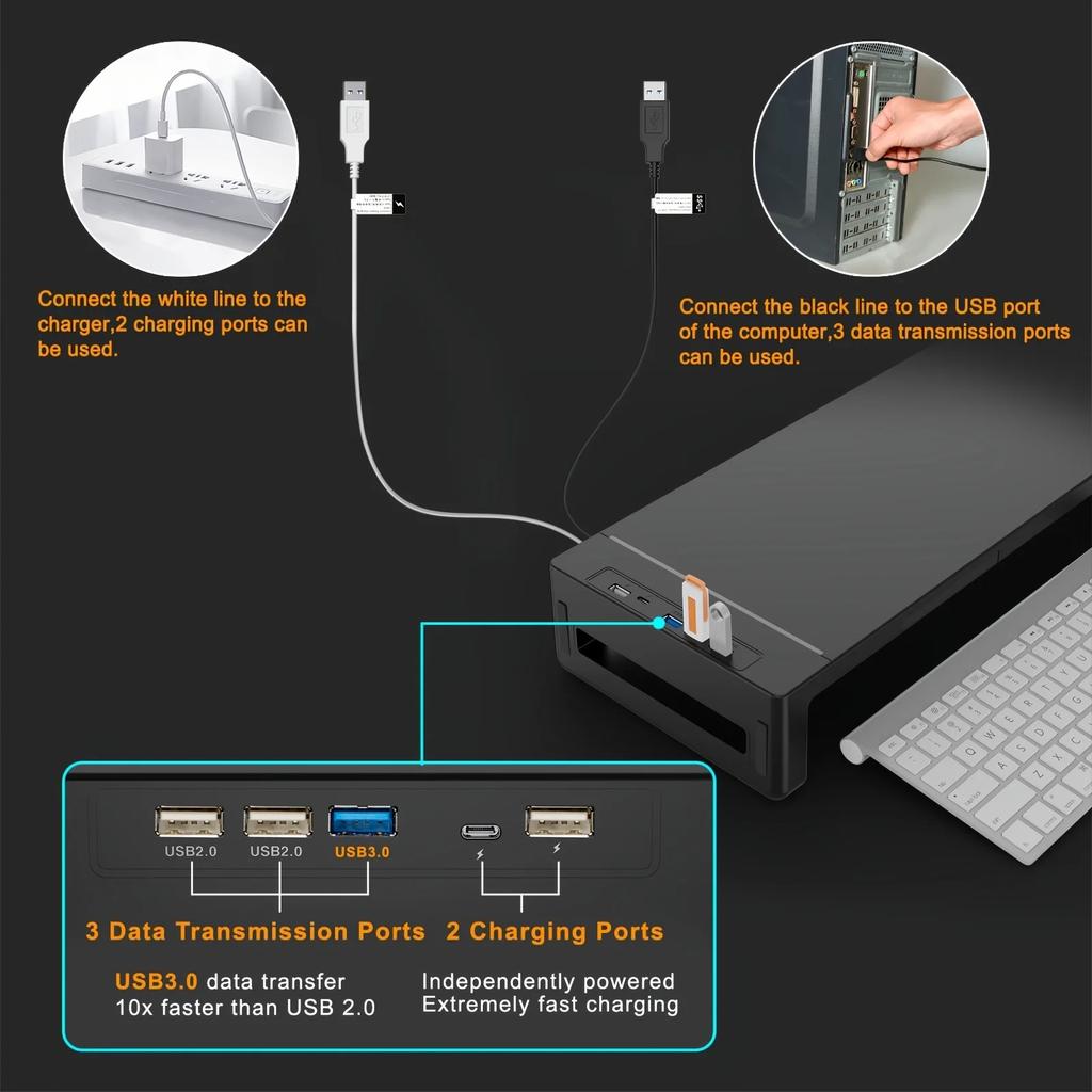 Monitor Stand Riser, with USB3.0 Foldable, Height Adjustable Computer Stand, Desk Shelf Riser with Storage Drawer & Tablet Phone