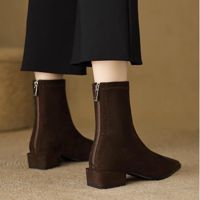 Women's Boots 2025 Winter Fashion Pointed-toe Design Short Boots with Zippers On The Back, Slim Low-heeled Nude Boots