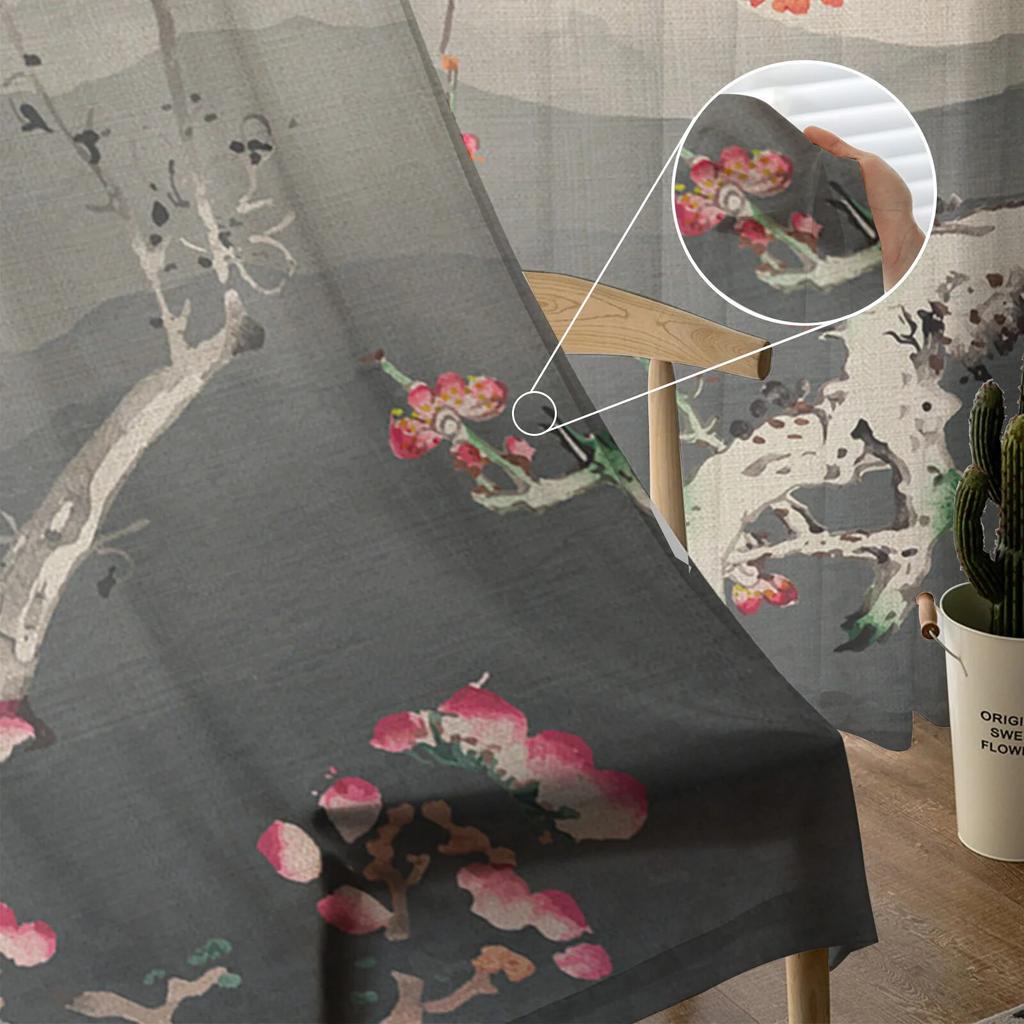 Chinese Painting Plum Blossom Landscape Sheer Curtains for Living Room Bedroom Kids Room Tulle Window Treatment Drapes