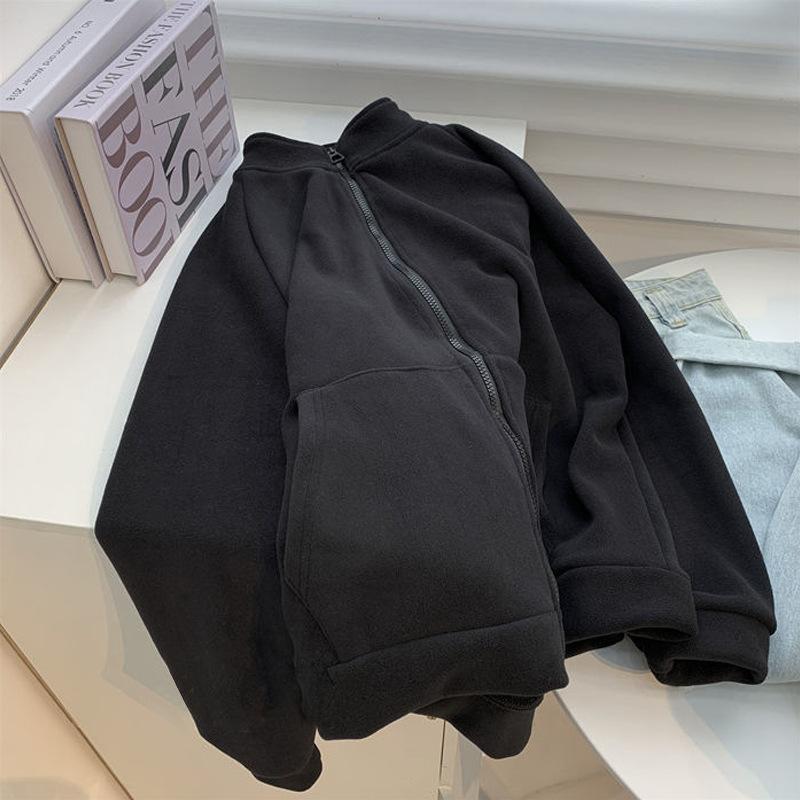 Warm Stand Collar Faux Lamb Double Face Polar Fleece Jacket Women Autumn Winter Loose Slimming Fleece Lined Thick Hoodie