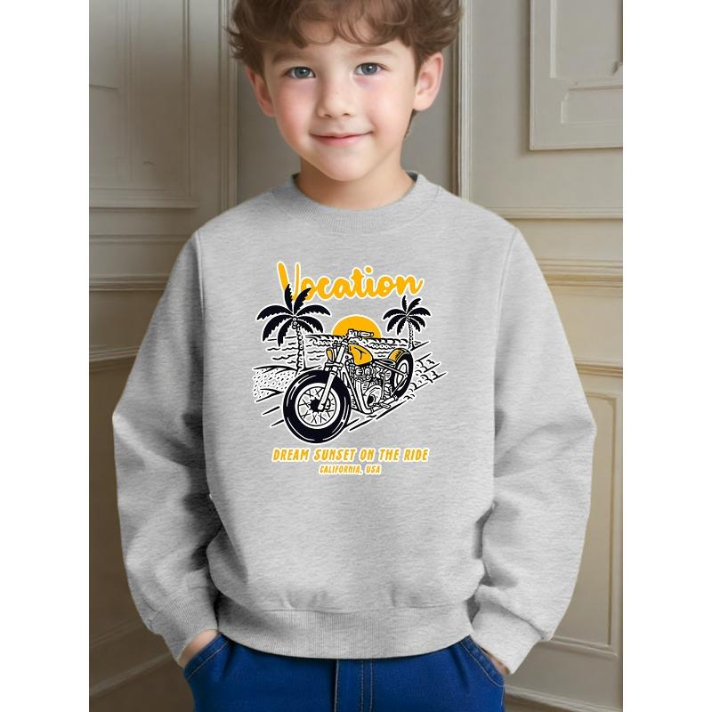 Casual Style Children's Sweatshirt with Vacation Motorcycle Palm Tree Sunset Pattern for Daily Wear and Outdoor Activities
