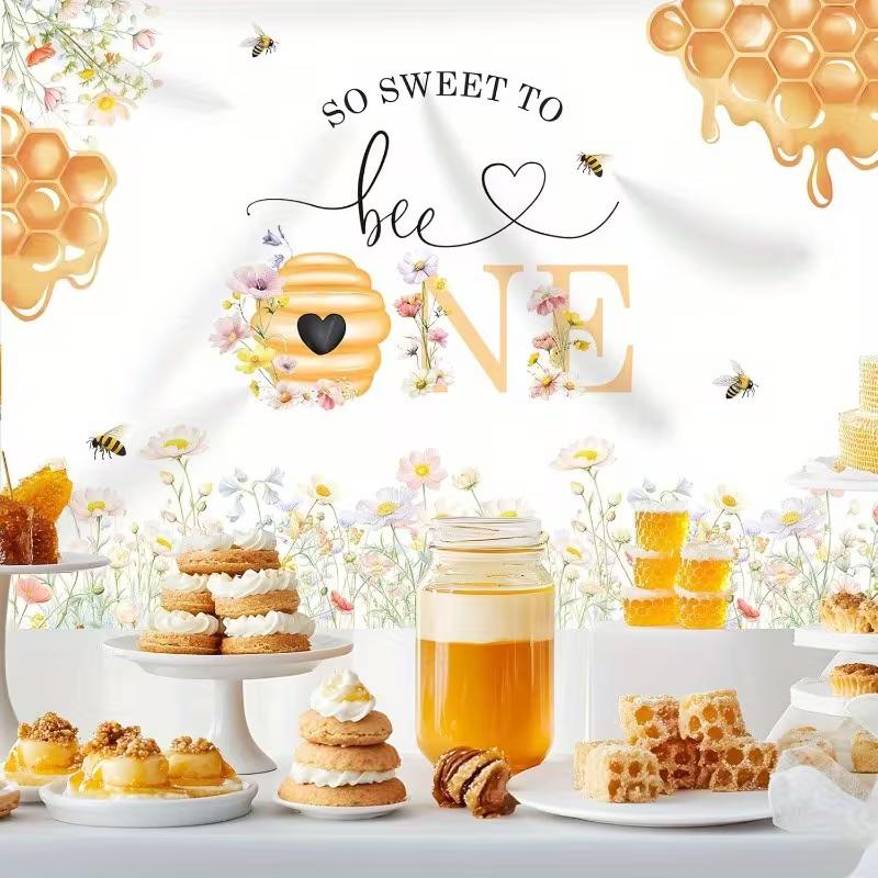 2D First Bee Day Backdrop Honeycomb Bee Floral Baby 1st Birthday Party Photo Background