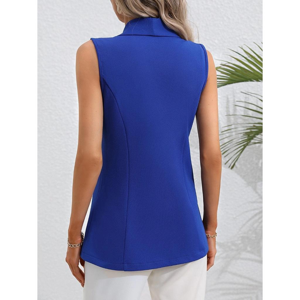 IHUASU Spring and Autumn Solid Color Cardigan Single Button Jacket Sleeveless Round Neck Coat for Women