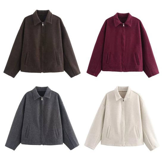 Damjacka i ull med dragkedja, lång ärm, slag, kort erdbönskappa, ledig höst/vår ytterkläder med fickor