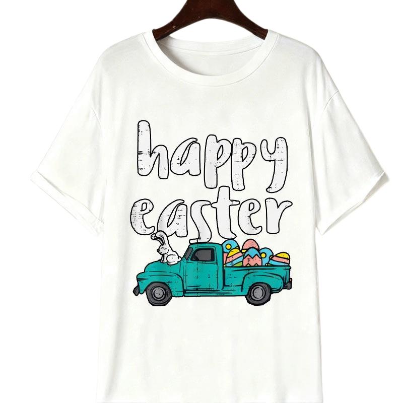 Happy Easter Retro Pattern Tshirt 2026 Summer Unisexs Womens Loose Bunny in Pickup Colorful Egg Tshirt Easter Festival Clothing
