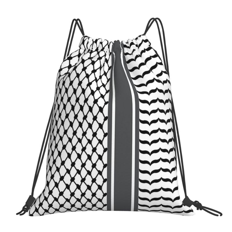 Palestine Flag Drawstring Backpack Kufiya Hatta Lightweight Foldable Sport Gym Sackpack Women Men Portable Sacks for Training