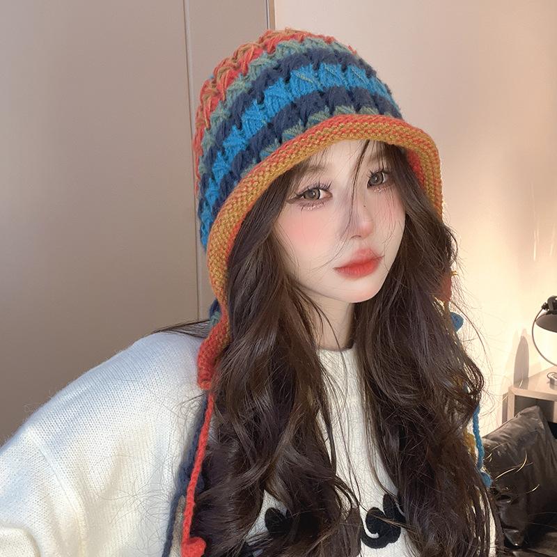 

Японский этнический стиль ручной работы крючком цветная кисточка защита ушей шерстяная шапка для женщин вязаная теплая шапка-ушанка пуловер холодная шапка M（56-58cm）