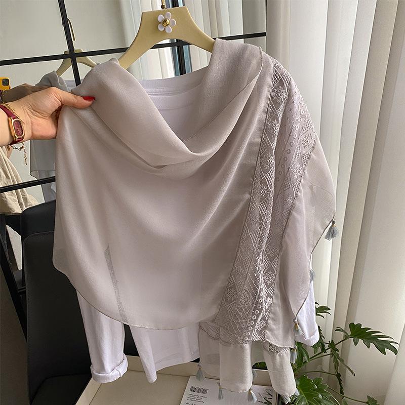 Plain Big Size Lace Floral Patchwork Tassel Viscose Shawl Scarf Luxury  Laser Cut Pashmina Bufandas Muslim Hijab Wrap Snood
