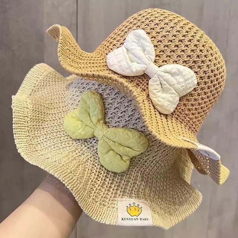Baby Straw Hat Sweet Cute Summer Big Bowknot Wide Brim Breathable Sunshade Cap For Girls Children Outdoor Travel Beach Hats 3-8Y
