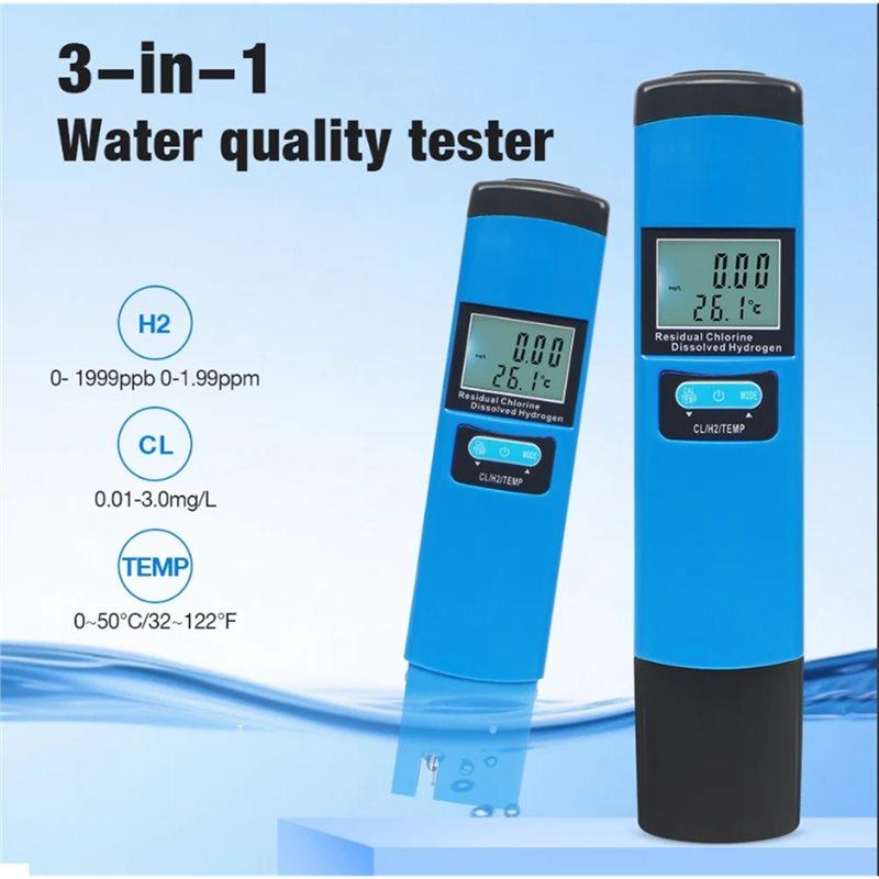 Water Quality Testing Device Digital LCD 3 In 1 Tester CL/TEMP/H2 Meter Pen For Aquarium, Swimming Pool& Hydroponics