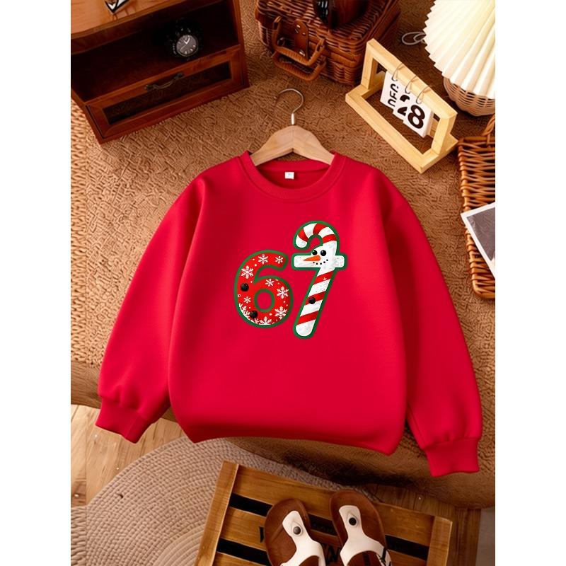 Unisex Kids Pink Crewneck Sweatshirt For 4-12 Boys Girls Christmas Snowflake Candy Cane Snowman Number 67 Print Soft Fleece Long Sleeve Pullover