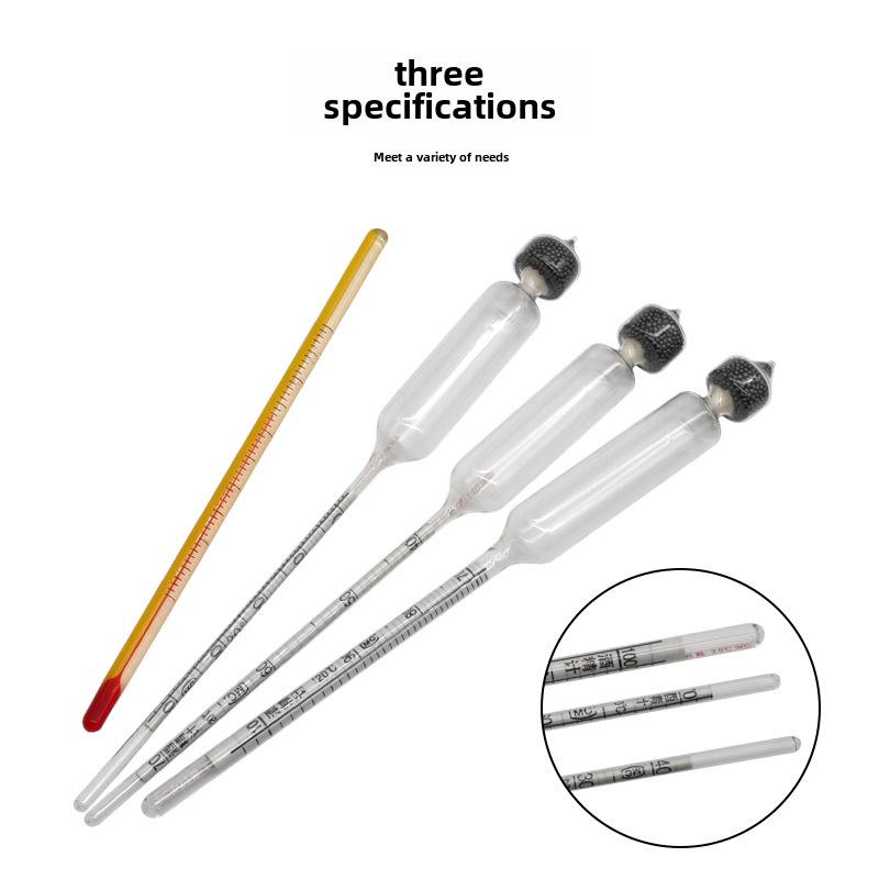 Three-Piece Alcohol Tester Set with 0-100 Scale, Conversion Table, and Thermometer.