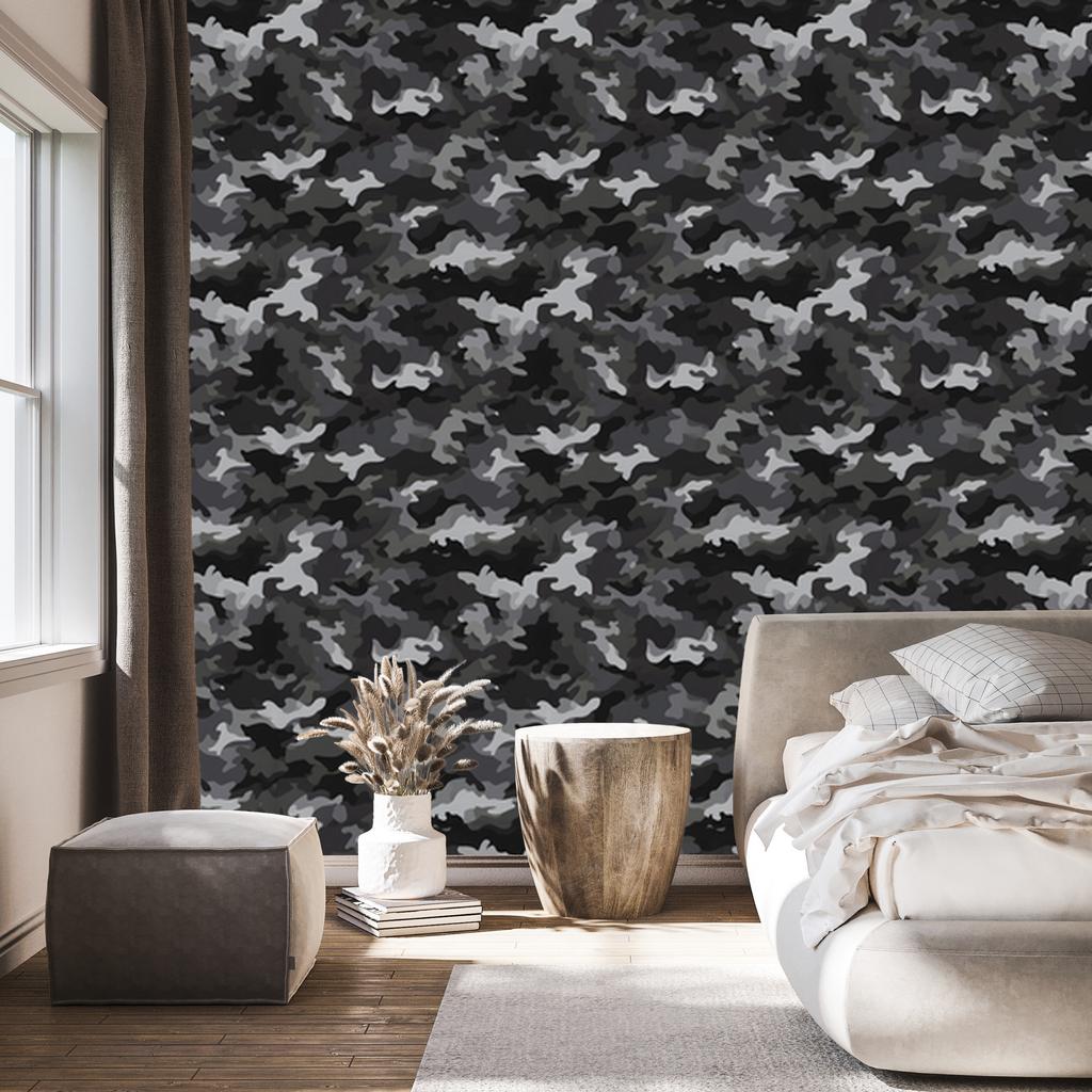 Military camouflage wallpaper graphite, gray and black 50x1000