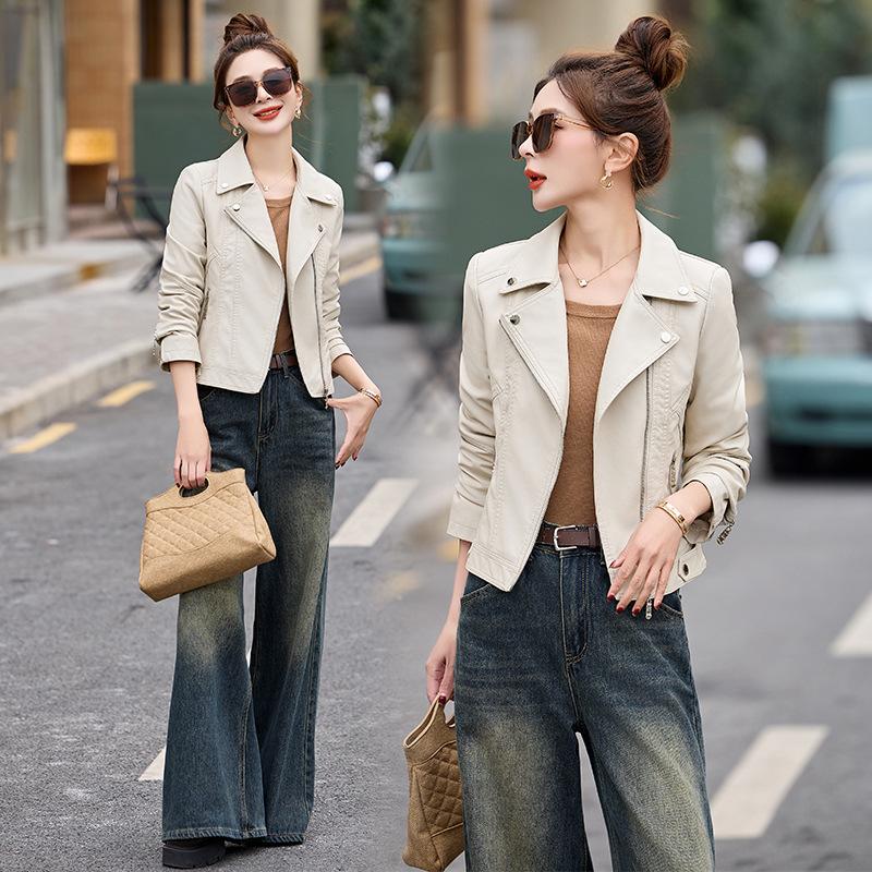 Leather jacket women's spring and autumn high-end casual locomotive soft leather jacket suit collar leather jacket top