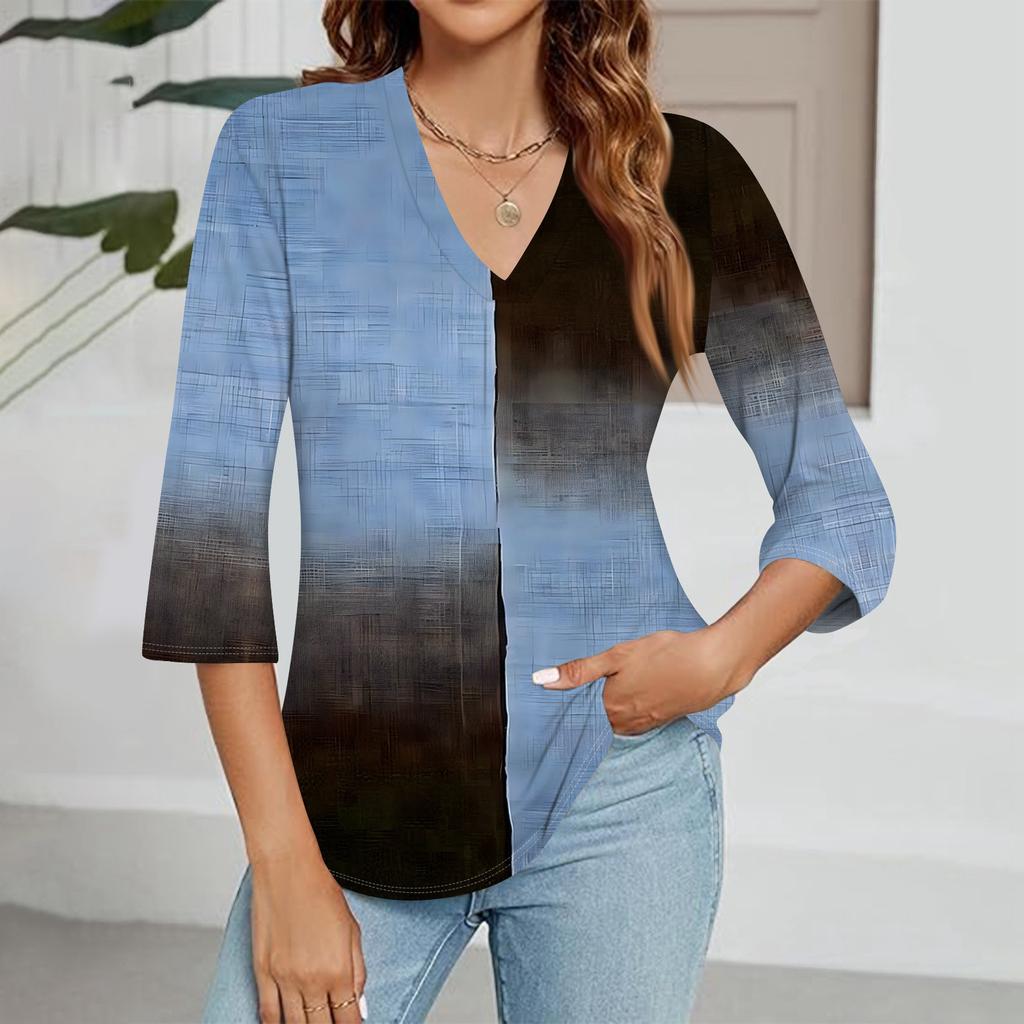 Women's V-neck Gradient Print Three-quarter Sleeve Fashion Top