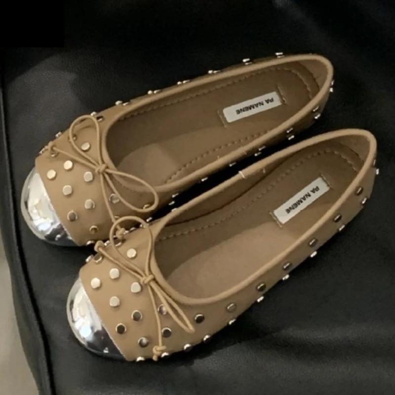 Fashion Fashion Metal Rivet Decoration Mary Jane Shoes Women Sweet Bow Round Toe Shallow Ballet Flats Comfortable Non-Slip Dress Shoes